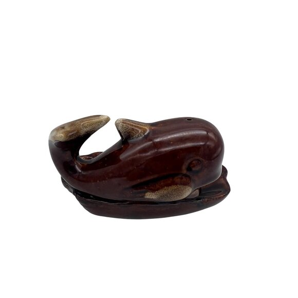 Vintage Whale Ceramic Ashtray / Trinket Dish Brown Dripware Figural Pottery - Picture 2 of 7